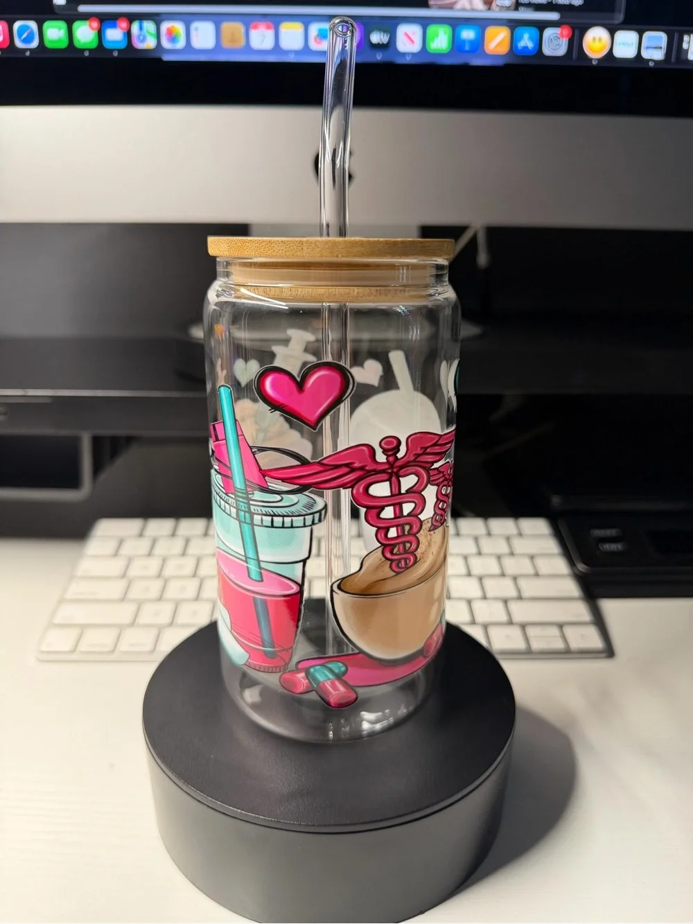 Clear Glass Tumbler With Pink Medical & Coffee Graphics